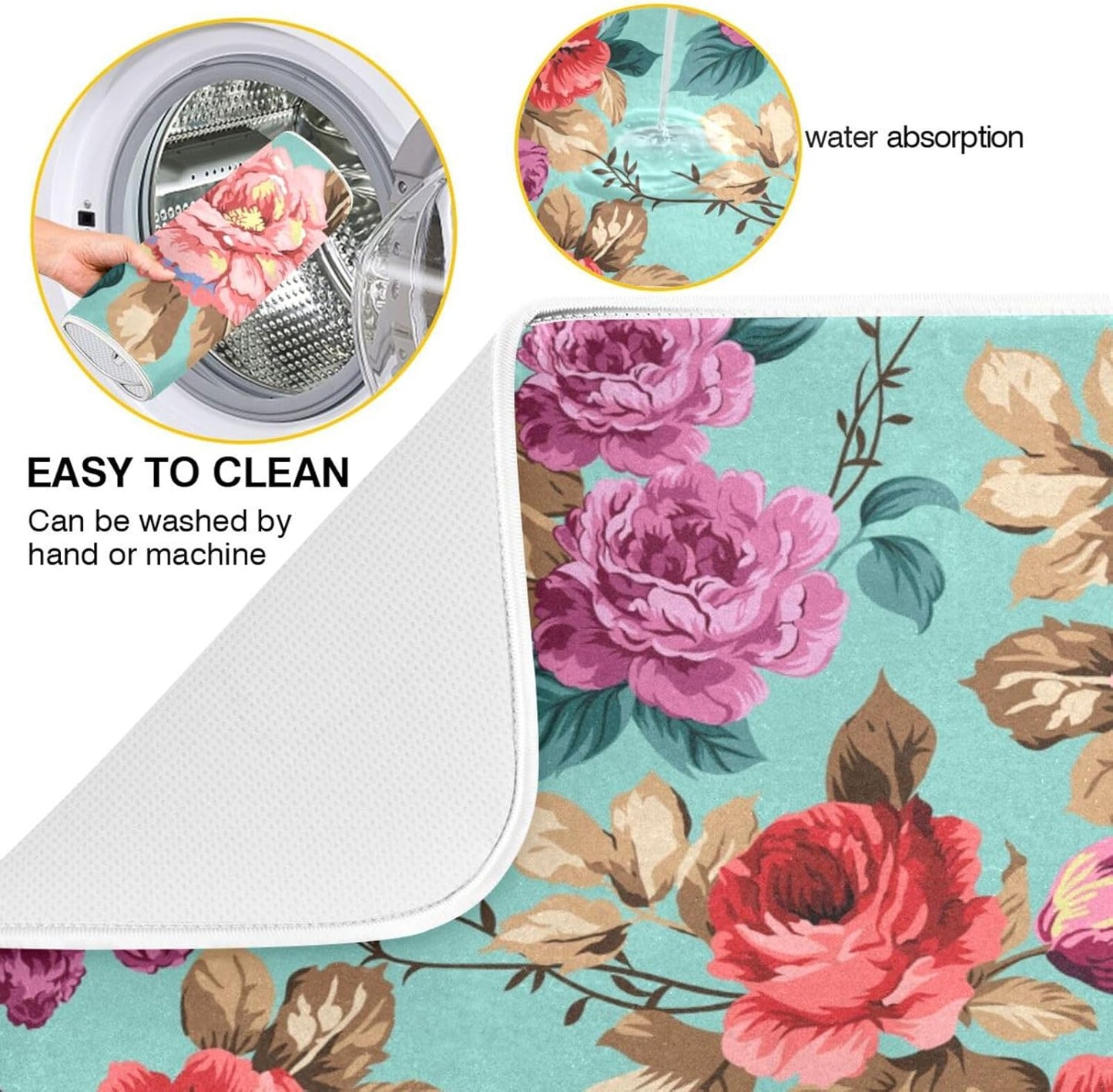 Colorful Flower Leaves Dish Drying Mat for Kitchen Counter Absorbent Microfiber Drying Pad, Large 18x24 in, Reversible Drainer Mats