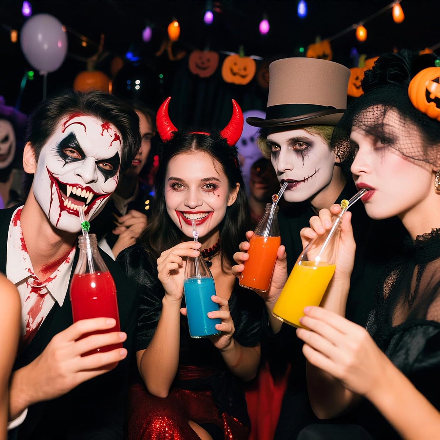 Cute Glass Straws with Charms and Halloween Straws - Reusable Bent Clear Glass Drinking Straws Set with Colored Skull for Silly Crazy Fun Fall Parties & Gift Giving, Include 2 Cleaner Brushes -8mm 9in