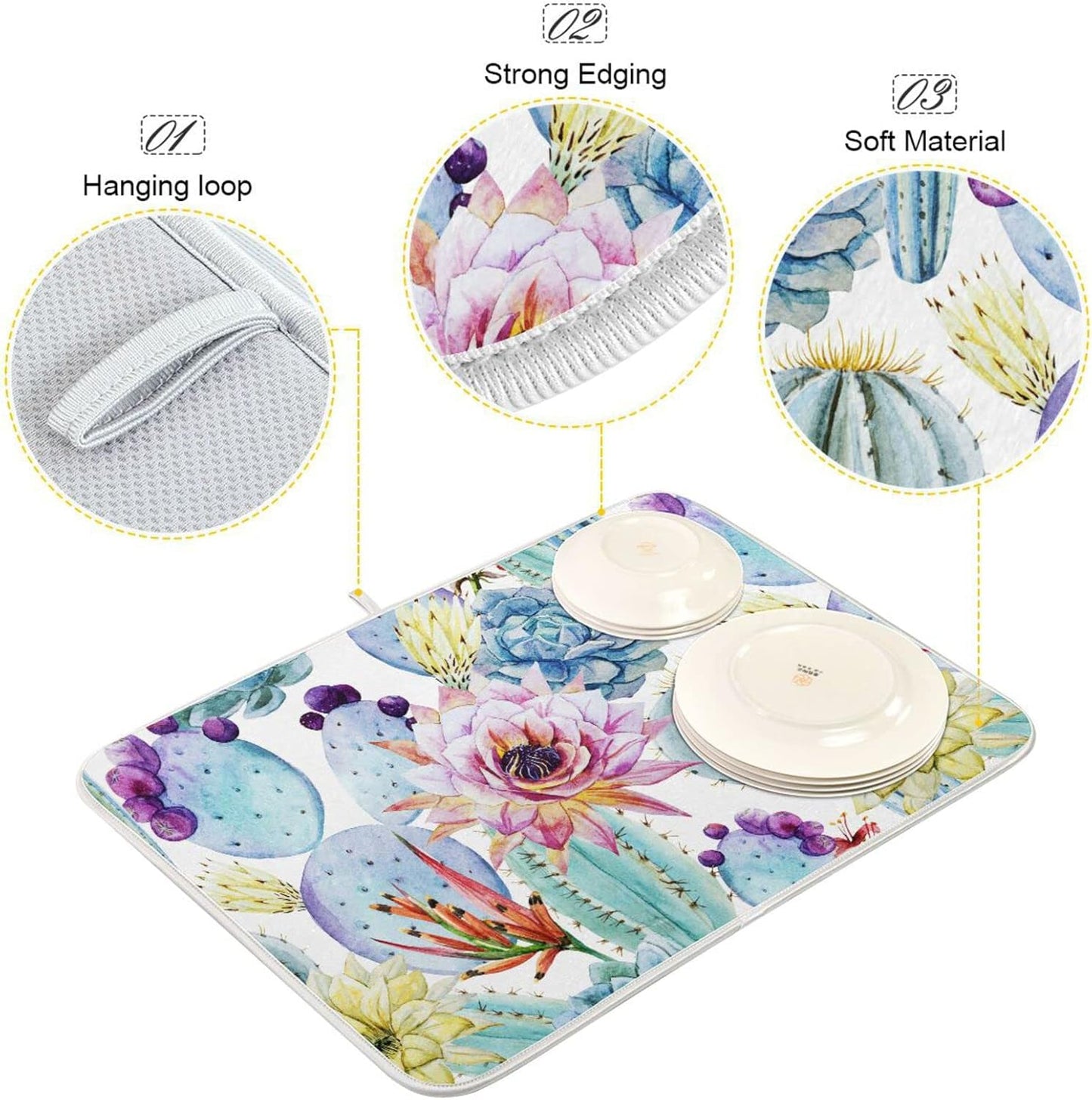 Cactus Succulent Plant Dish Drying Mat for Kitchen Counter Absorbent Microfiber Drying Pad, Large 18x24 in, Reversible Drainer Mats