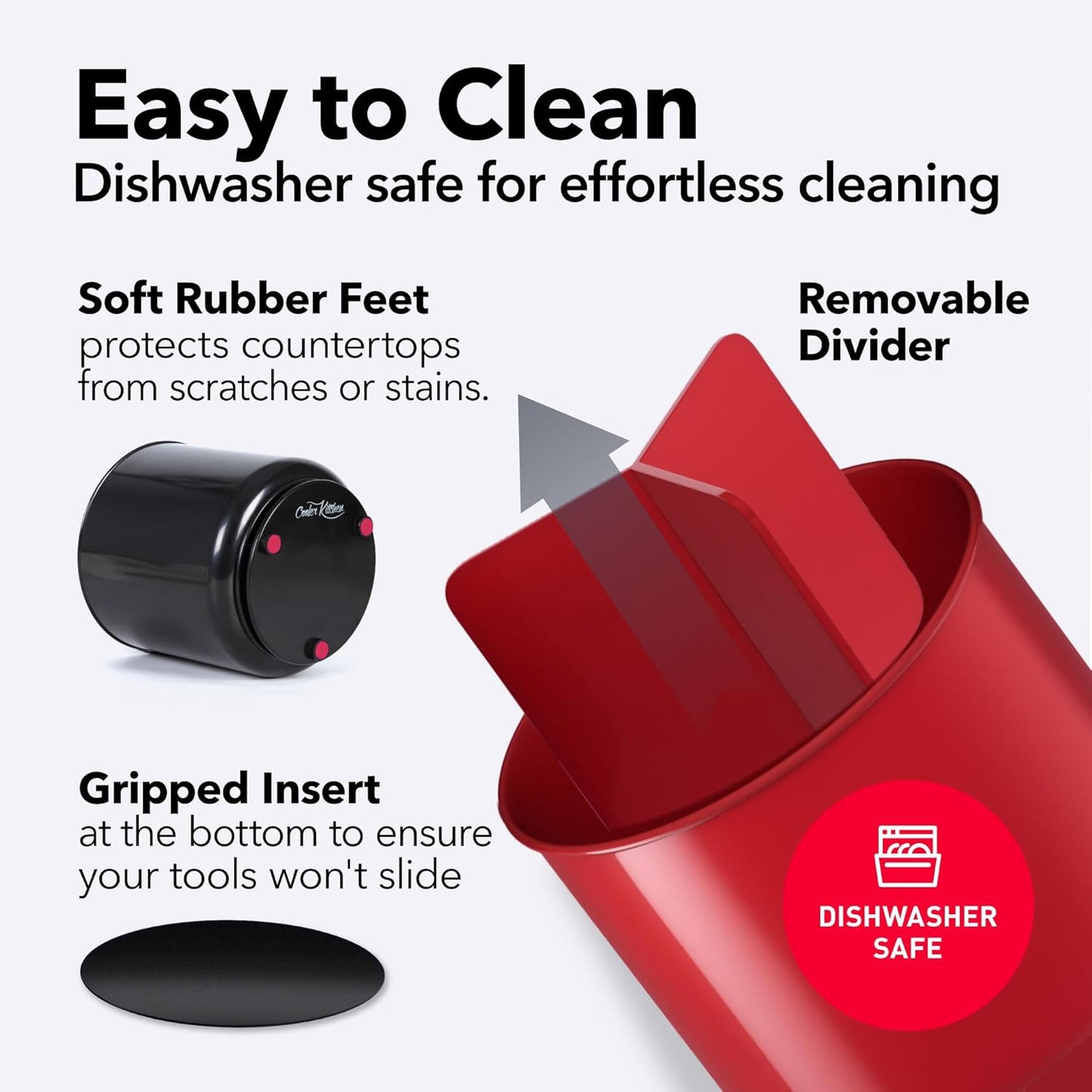 Extra Large Rotating Red Utensil Holder with Sturdy No-Tip Weighted Base, Removable Divider, and Gripped Insert | Rust Proof and Dishwasher Safe Kitchen Utensils Holder by Cooler Kitchen 7*7 Inches