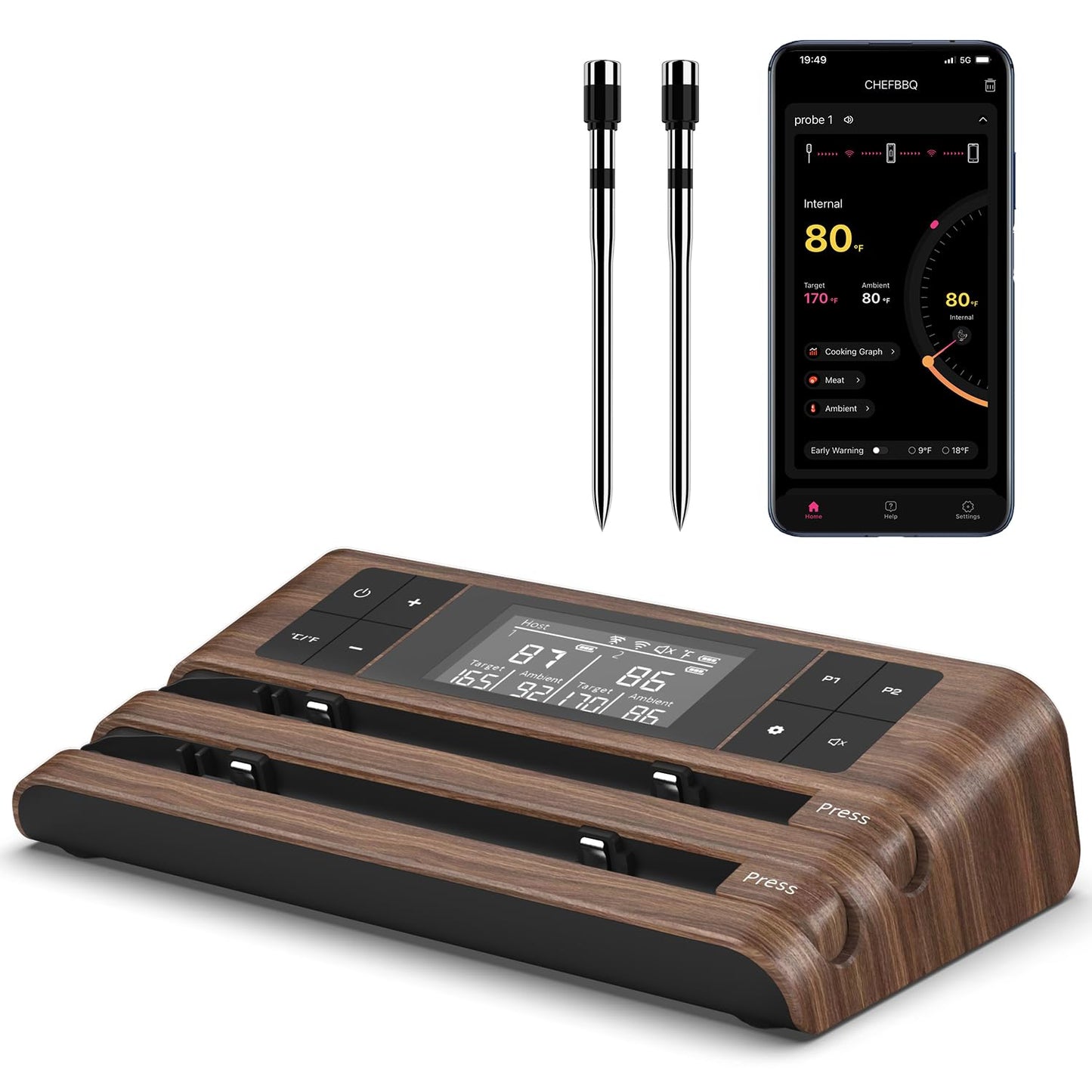 Wireless Smart Meat Thermometer with Dual-Sensor Probe, 500FT Remote Monitoring, Dedicated App, Real-Time Ambient and Food Temperature Tracking for Precise Cooking Control