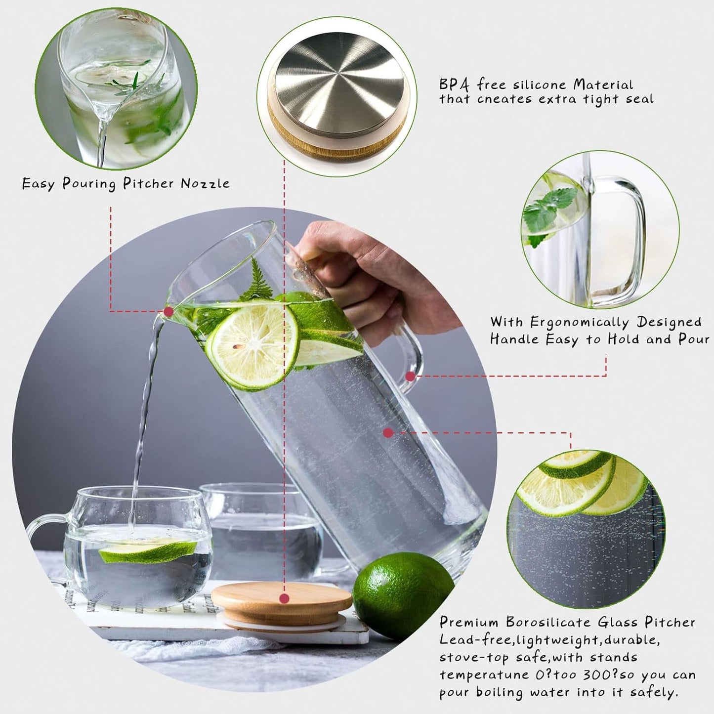 hjn Glass Pitcher with Lid Glass Water Carafe with Handle, Fridge Water Jug Cold or Hot Beverages, Iced Tea, Milk, Juice 1500ml/51oz & bamboo lid