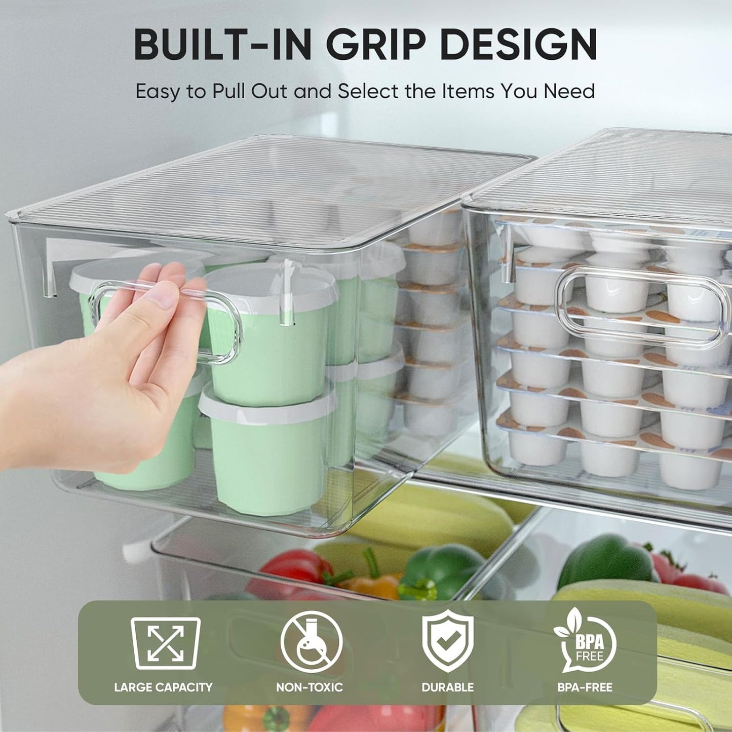 BALEINE Clear Stackable Storage Bins with Lids, Plastic Containers with Handle for Pantry Organizers and Storage, Plastic Bins for Fridge, Kitchen, Bathroom, Cabinet (11x7.5x6, 4PK)