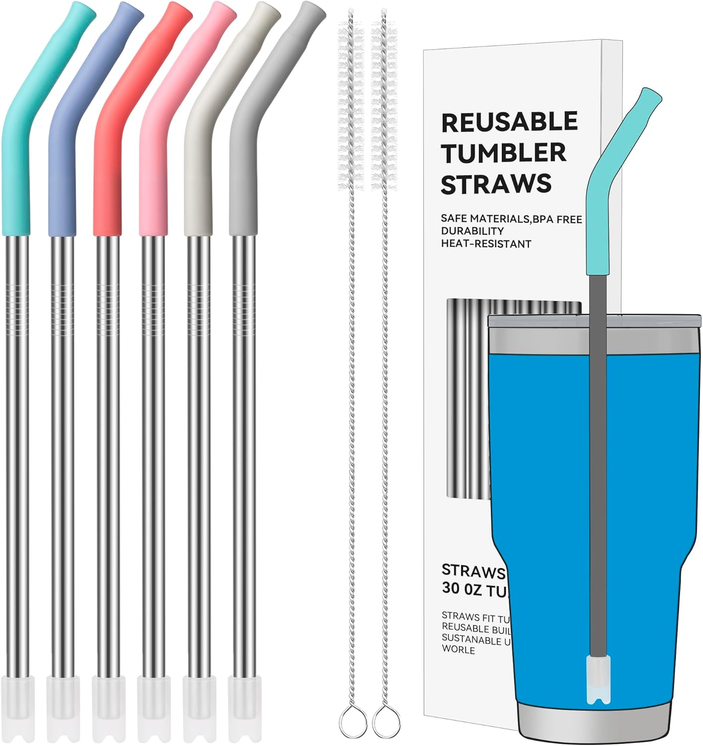 30 oz Straight Metal Straws with Silicone Tip for 30 oz Tumbler, 6 Pcs Stainless Steel Reusable Drinking Metal Straw for YETI, STANLEY, US Acrylio, BJPKPK, Simple Modern and so on