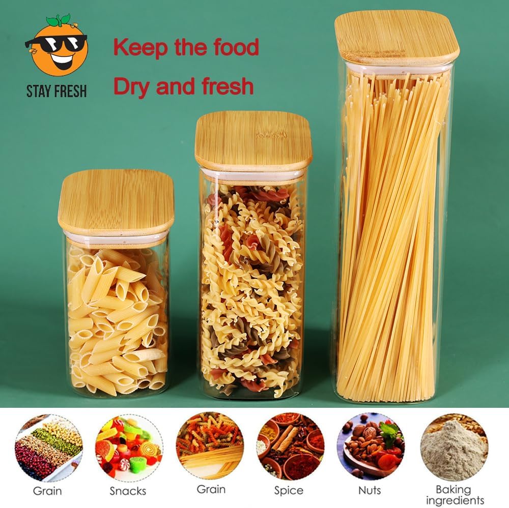 33OZ Airtight Glass Food Storage Containers with Lids - Set of 6 for Pantry, Cereal, Flour & Rice Dispensing - Rectangle Shapes with Bamboo Lids - Ideal for Kitchen Organization & Meal Prep