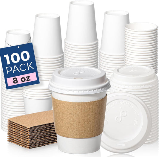 Fit Meal Prep 100 Pack 8 oz Disposable Coffee Cups with Lids, Sleeves, Leak-Proof To Go Coffee Cups with Lids, Durable Hot Paper Cups for Home, Office, Party, Business