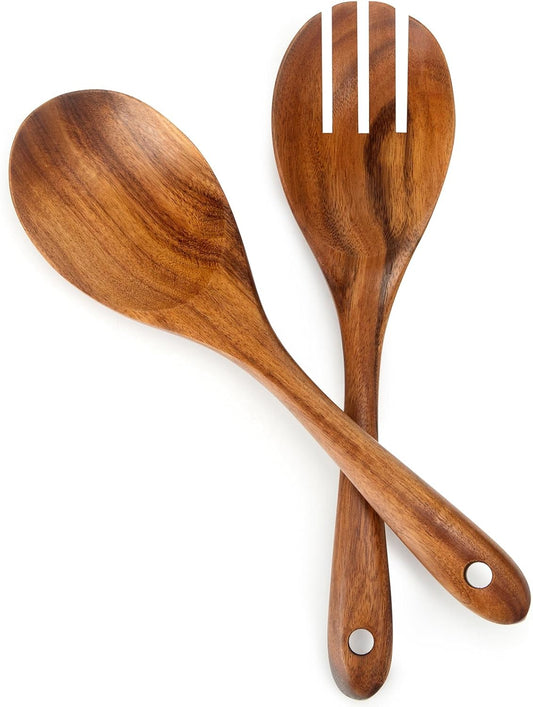13-Inch Teak Wood Salad Spoon and Fork, Large Wooden Salad Serving Spoon and Spork Pack of 2, Teak Wooden Salad Serving Set, Country Rustic Salad Servers