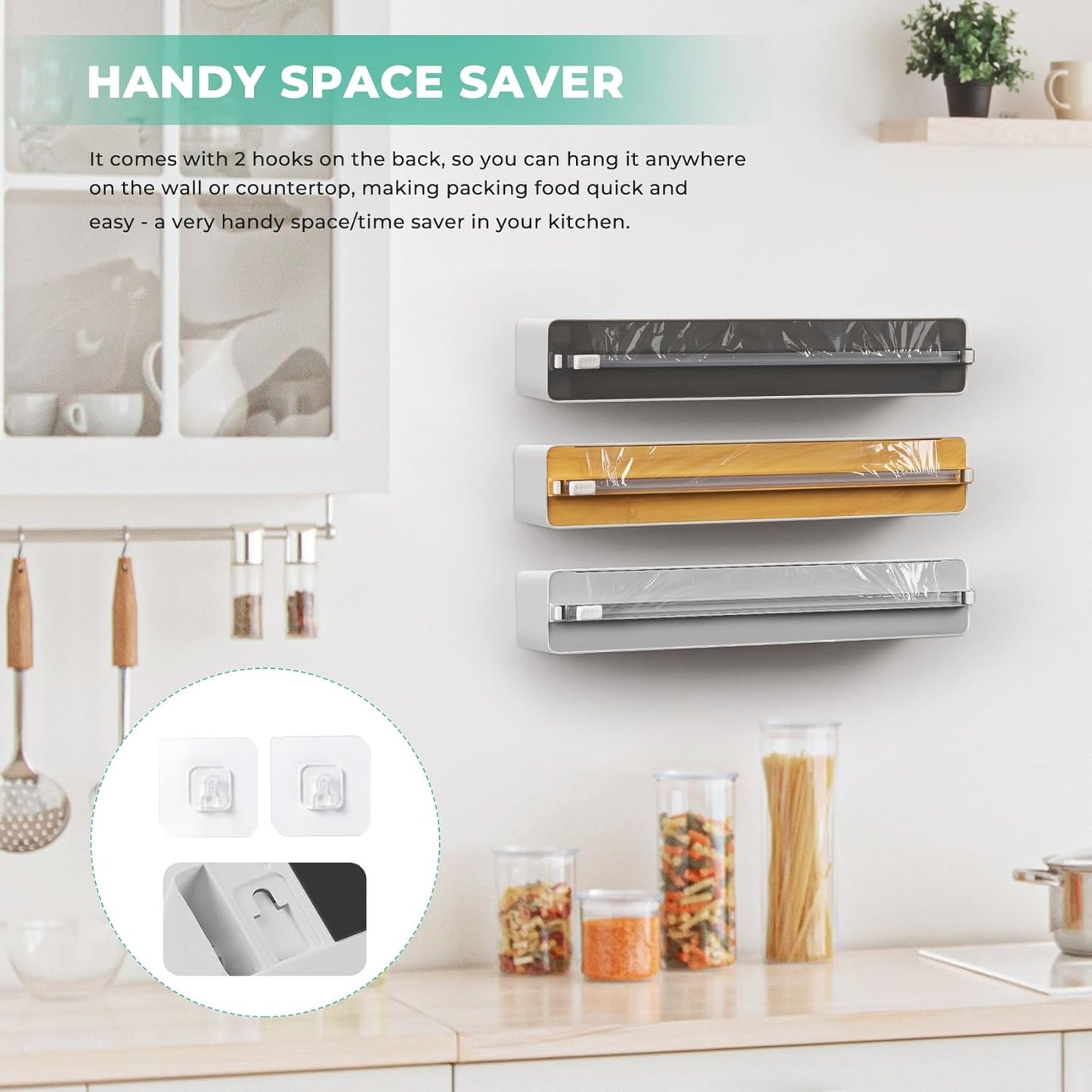 Magnetic Plastic Wrap Dispenser with Cutter - Practical Refillable Aluminum Tin Foil and Plastic Wrap Organizer for Drawer, Including an Extra Roll of 12"X 164' Food Cling Film - Black