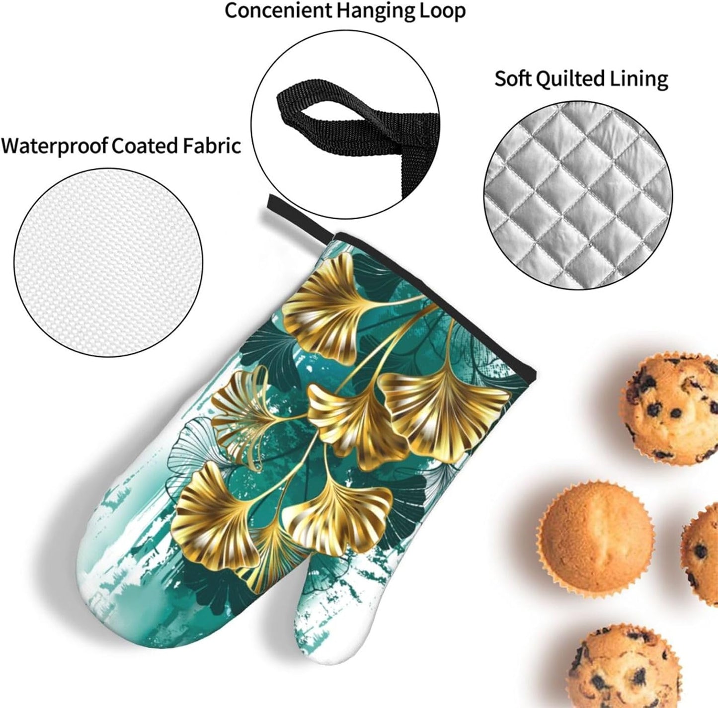 Teal Gold Green Leaves Oven Mitts and Pot Holders Set Heat Resistant Non Slip Set of 3 Decorative Kitchen Gloves Hot Pads for Cooking BBQ Baking Grilling