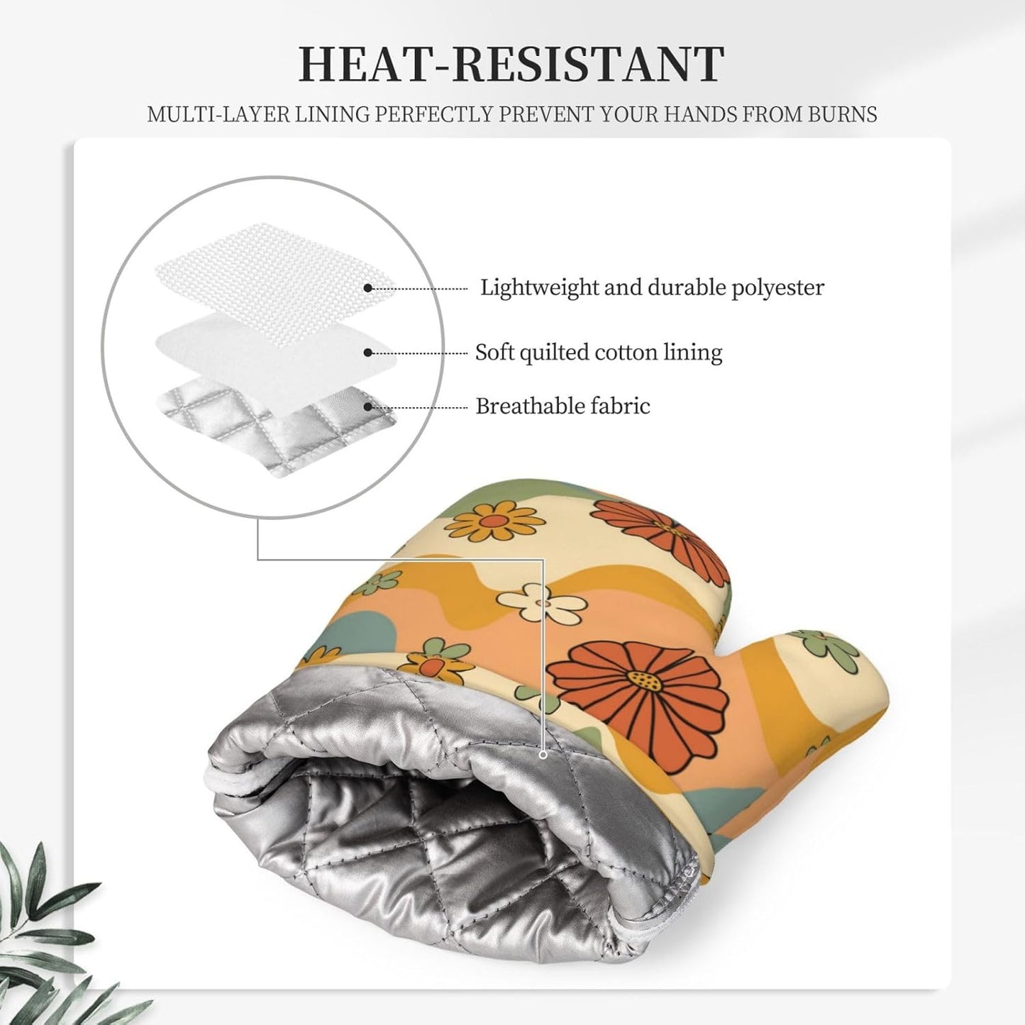 70s Groovy Cute Vintage Flower Floral Oven Mitts and Pot Holders Set of 4 Silicone Kitchen Mitten Gloves and Non-Slip Potholders Set Heat Resistant Oven Gloves Hot Holders for Kitchen