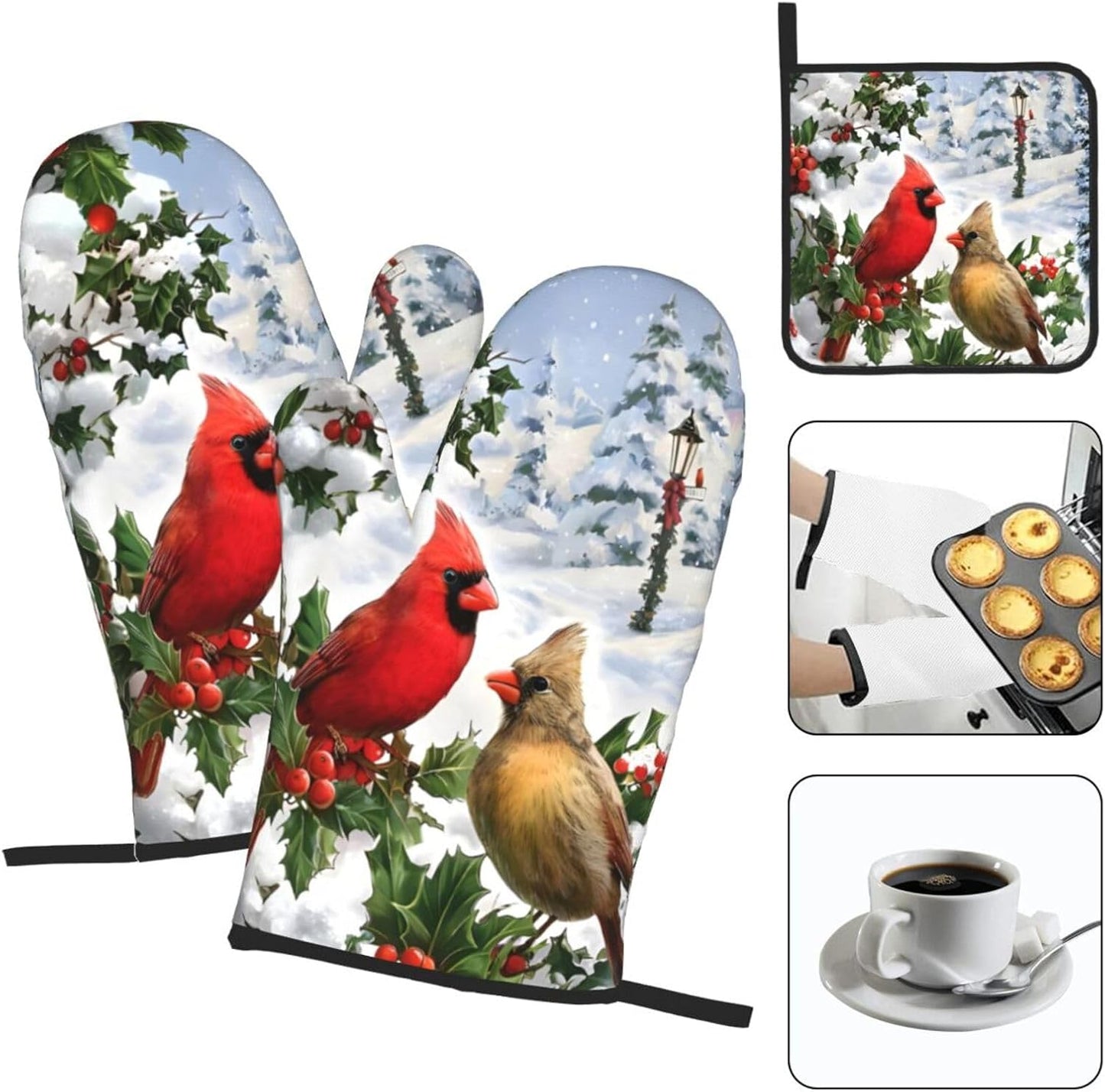 Winter Cardinal Christmas Oven Mitts and Pot Holders Sets of 3,Heat Resistant Hot Pads Oven Gloves for Cooking Grilling Baking, Christmas Kitchen Decor, for Women