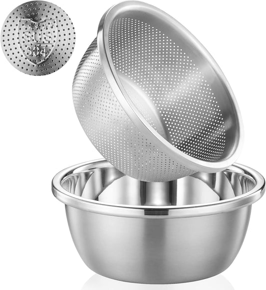 304 Stainless Steel Colander 2QT Microporous Colander & Mixing Bowl for Kitchen Cooking,Rice Strainer with Washing Bowl for Pasta Straining,Fruit Washing,Vegetable Draining(2PCs)