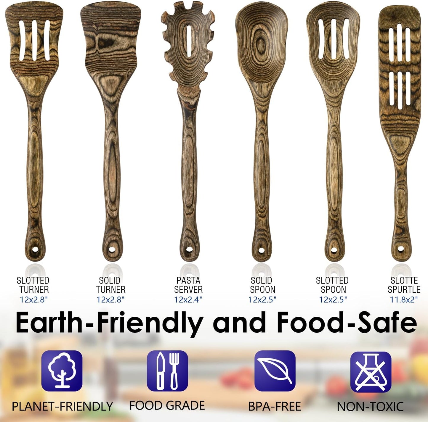 Kitchen 6-Piece Pakkawood Kitchen Utensil Set – Wooden Cooking Spoons with Slotted Spatula, Turner, Spaghetti Spoon & Fish Spurtle, Long Handle Design (Granite) by Howhong