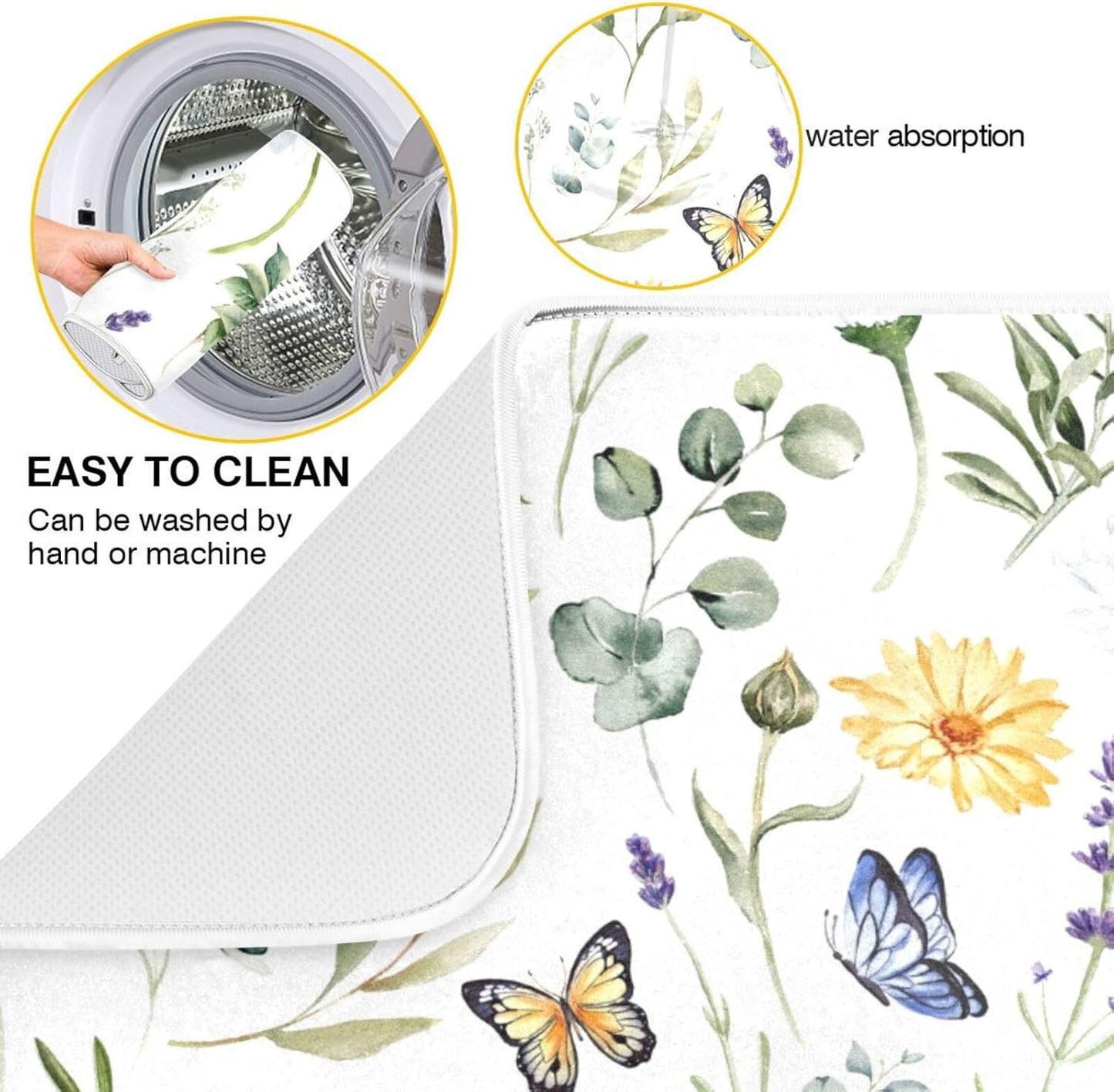 Wildflowers Butterflies Botanical Leaves Dish Drying Mat for Kitchen Counter Absorbent Microfiber Drying Pad, Large 18x24 in, Reversible Drainer Mats