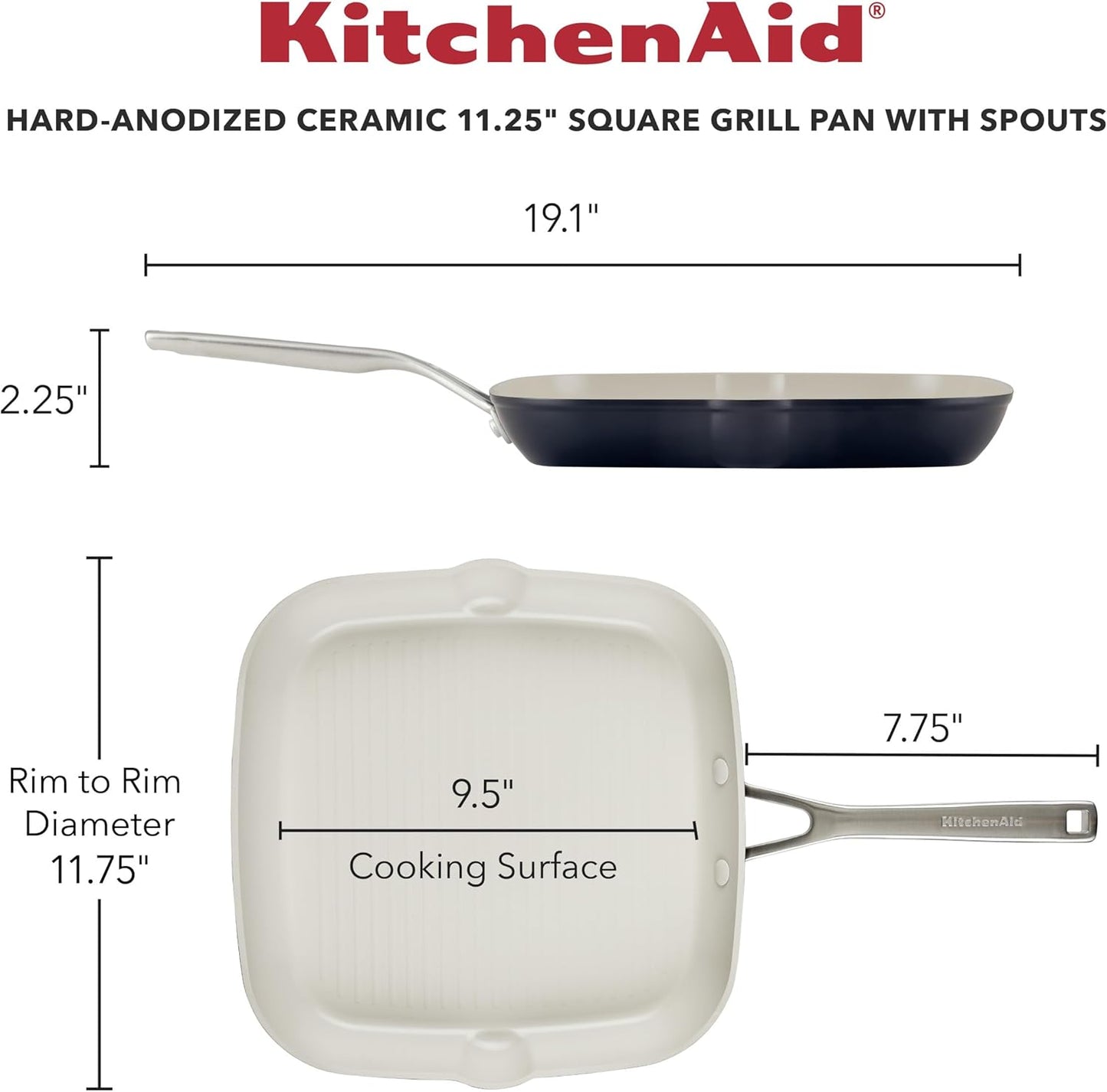 KitchenAid Hard Anodized Ceramic Nonstick Grill Pan/Griddle, Square, 11.25 Inch, Matte Black