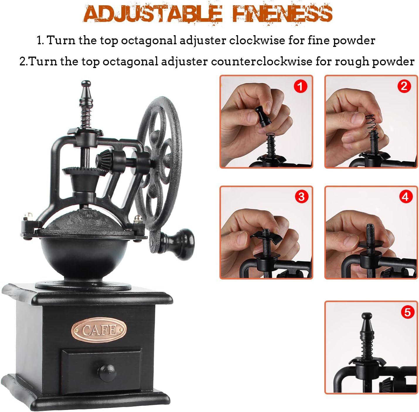 Coffee Grinder,Wooden Coffee Bean Grinder Manual Coffee Grinder Roller, Antique Coffee Mill with Cast Iron Hand Crank for Making Mesh Coffee, Decoration, Best Gift (Black (four deformation base))