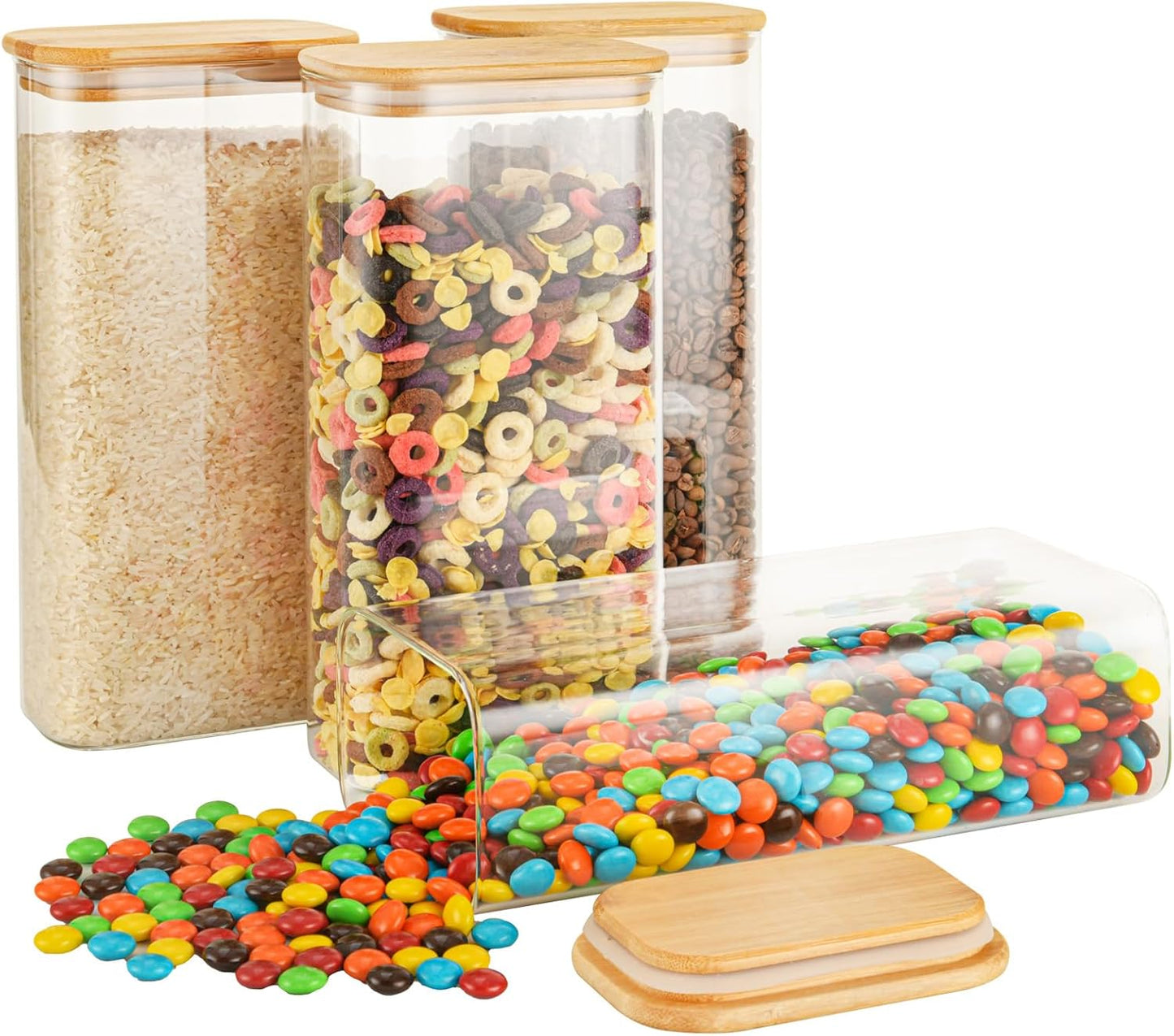 64oz Rectangle Airtight Glass Storage Containers with Bamboo Lids (Set of 4), Square Food Storage Jar, Pantry Organizers for Cereal, Flour, Pasta and Coffee beans (‎with Black Lable)