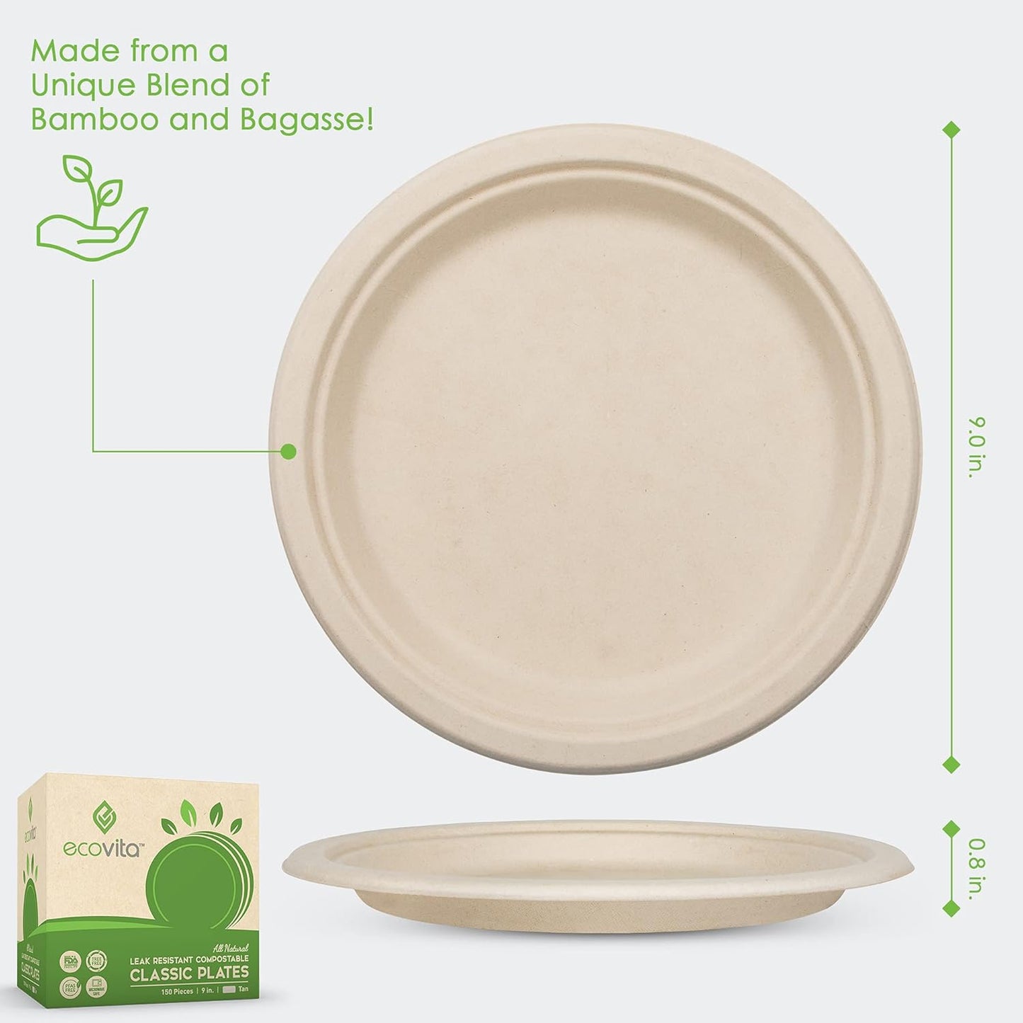 100% Compostable Paper Plates [9 in.] – 150 Disposable Plates Eco Friendly Sturdy Tree Free Liquid and Heat Resistant Alternative to Plastic or Paper Plates