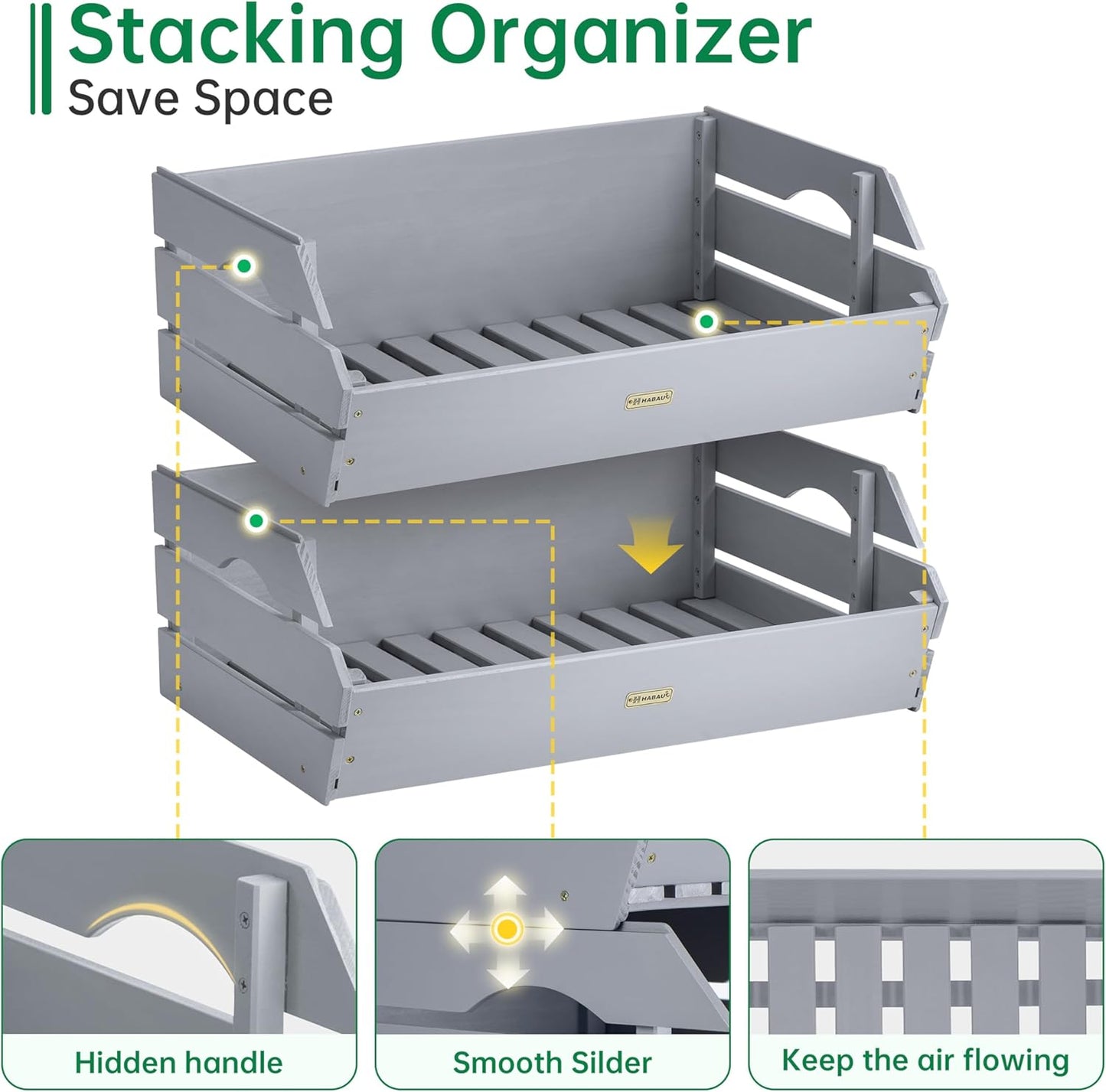 HABAU Wood Potato Onion Storage Bins - Wooden Stackable Produce Basket - Fruit Vegetable Storage for Kitchen Pantry Organization, Set 2 Pieces