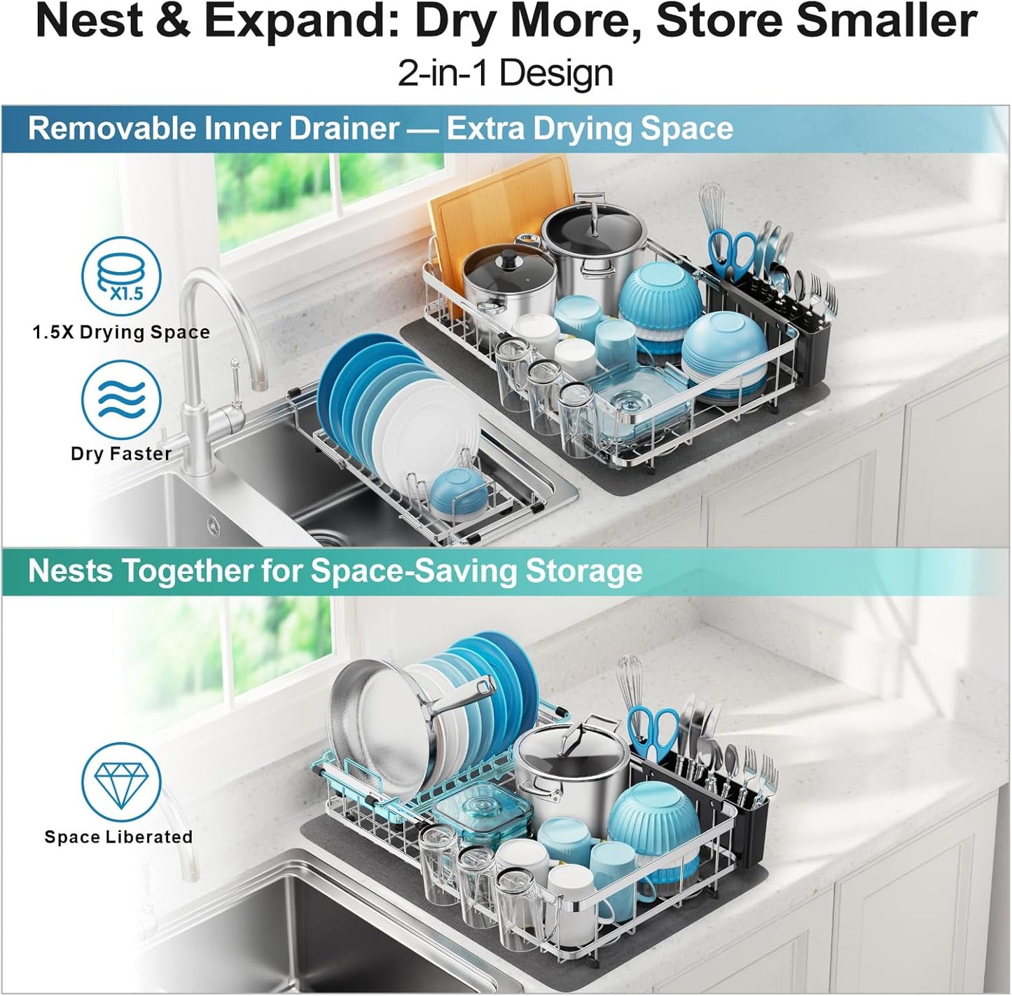 GSlife Large 2-in-1 Dish Drying Rack Set - Expandable Stainless Steel Dish Racks for Kitchen Counter & Sink, Full Size Dish Drainer with Absorbent Drying Mat Cup Holder, 16.5"-21.5" L x 15" W, Silver