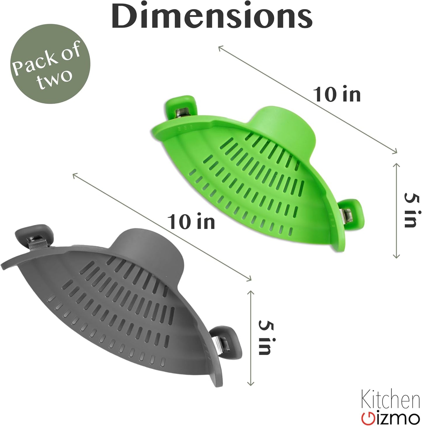 2 Pack Kitchen Gizmo Snap-On Strainer - Silicone Clip-On Strainer for Pots and Pans - Collapsible Design - Heat Resistant Colander for Vegetables and Noodles - Ideal for Rice, Grains - Green/Grey