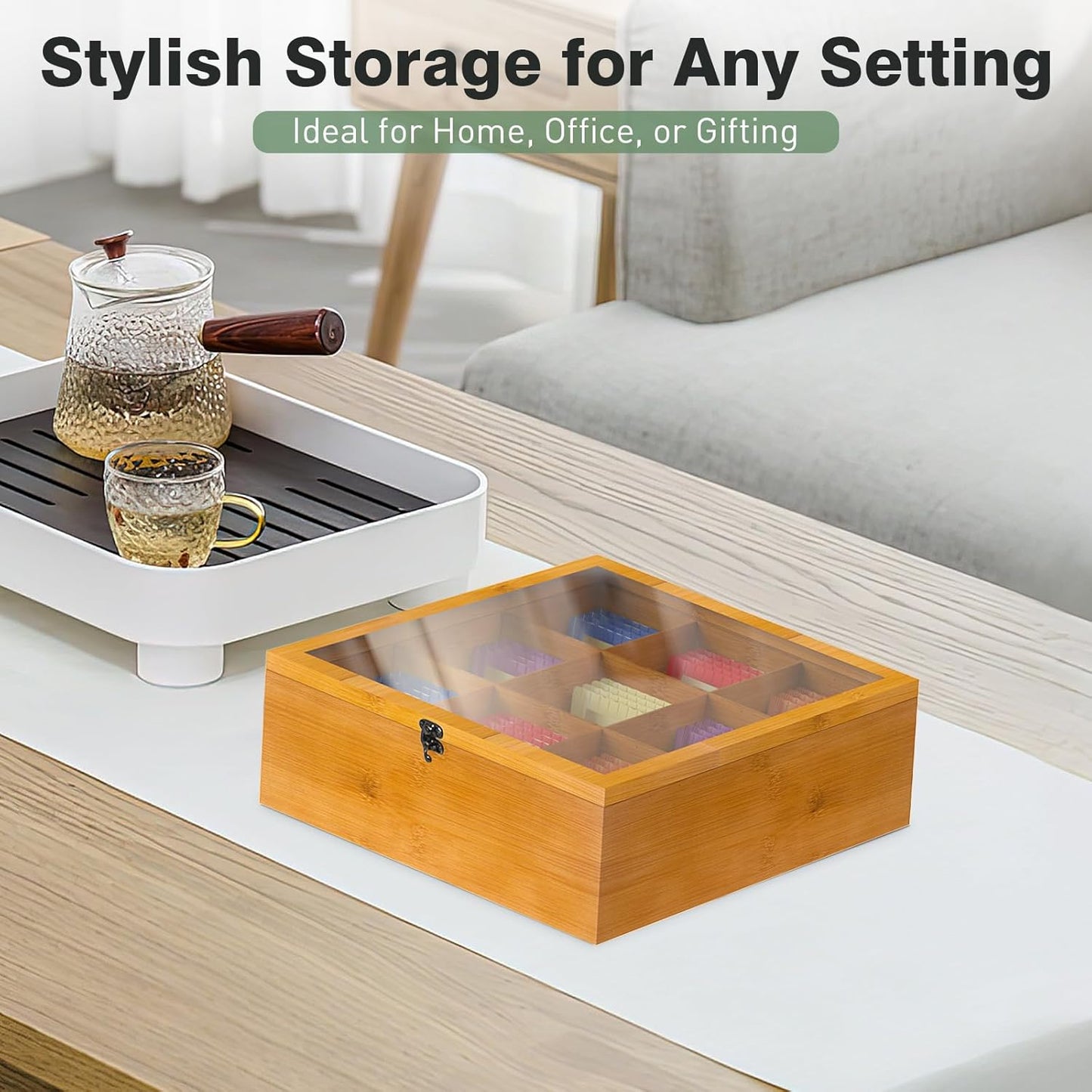 Wood Tea Bag Organizer Tea Storage Box with Clear Acrylic Top Window & 9 Compartments Tea Bag Holder for Home Office Gift (Brown)