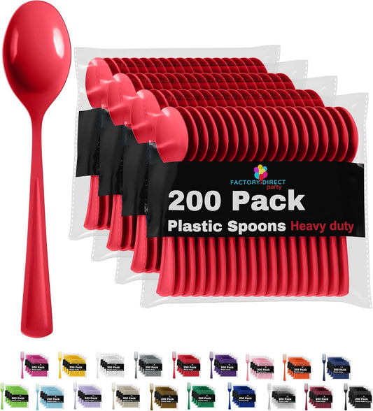 Heavy Duty Red Plastic Disposable Cutlery - 200 Pcs, Flatware, Silverware, Plastic Spoons
