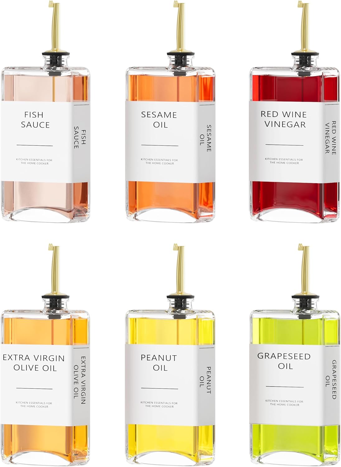 New England Stories Kitchen Cooking Oil Dispenser Set, Olive Oil and Vinegar Bottles, Soy Sauce Dispenser - 6 Pieces, Gold, Durable & Stylish Design