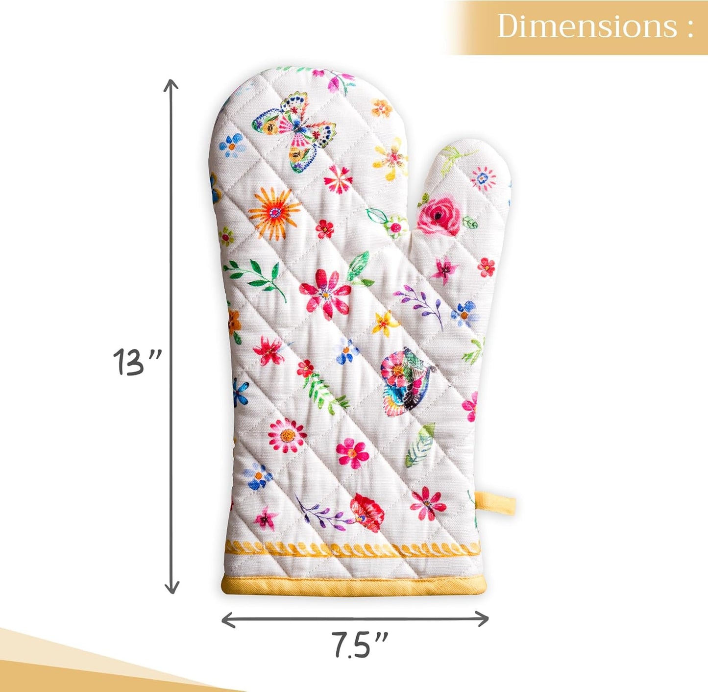 Maison d' Hermine Oven Gloves 100% Cotton Oven Mitt 7" x 13" with Loop Heat Resistant, BBQ, Cooking Gloves, Grilling, Kitchen, Handling Hot Pans Spring/Summer (Pack of 1, Happy Florals - Sweety)
