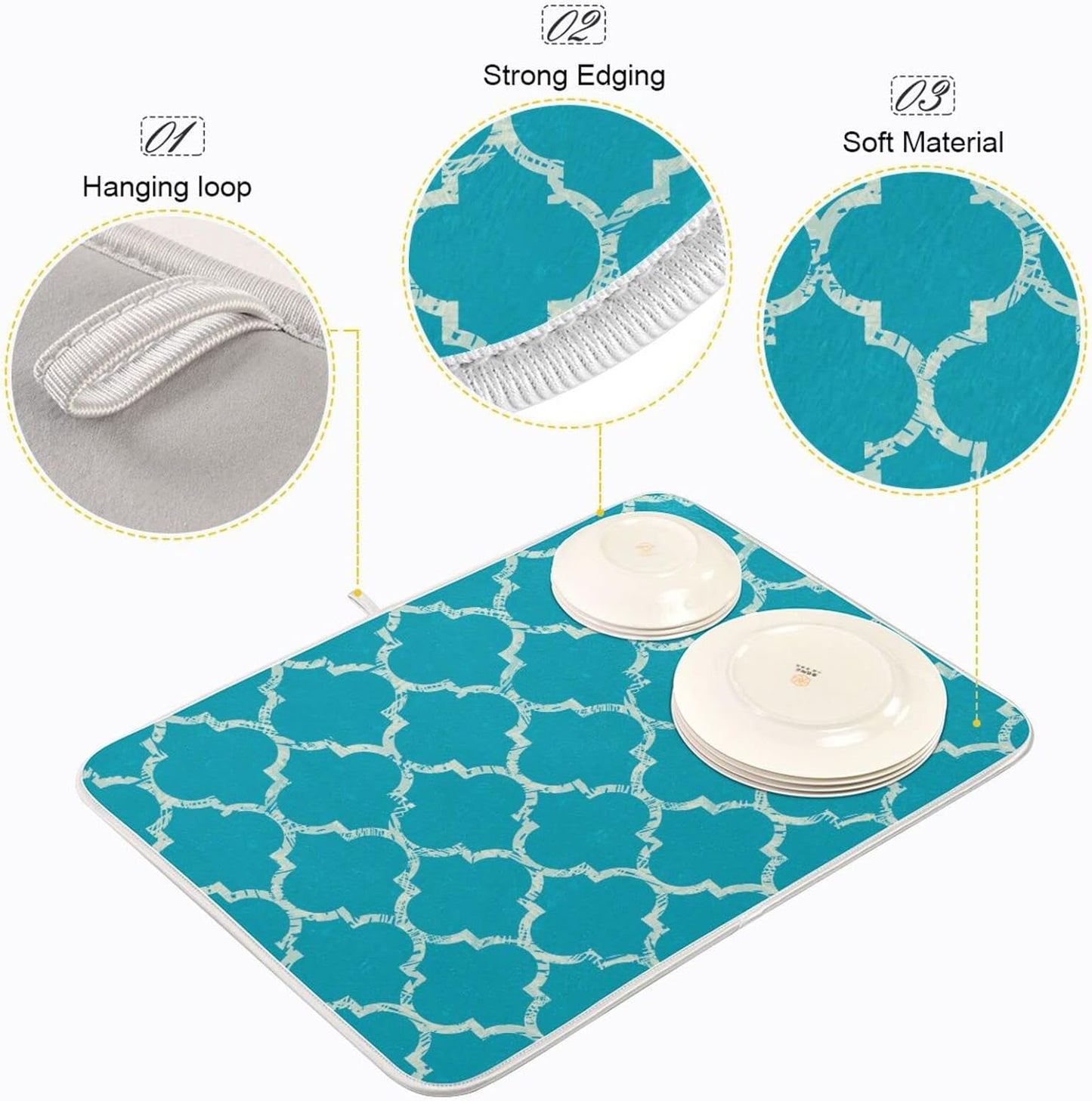 senya Super Absorbent Dish Drying Mat, Microfiber Fast-Drying Dish Mat, 16'' x 18'', Kitchen Dish Drying Pad, Beautiful Grunge White Morrocan Trellis,16x18in