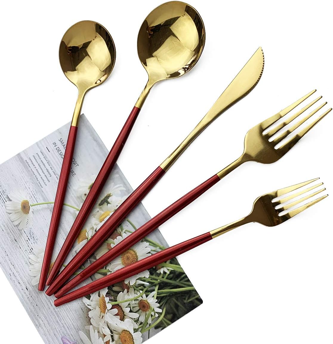 Red Gold Silverware Set, JASHII 20-Piece Stainless Steel Satin Finish Flatware Set, Kitchen Utensil Set, Mirror Polished Tableware Cutlery Set for Home and Restaurant, Dishwasher Safe