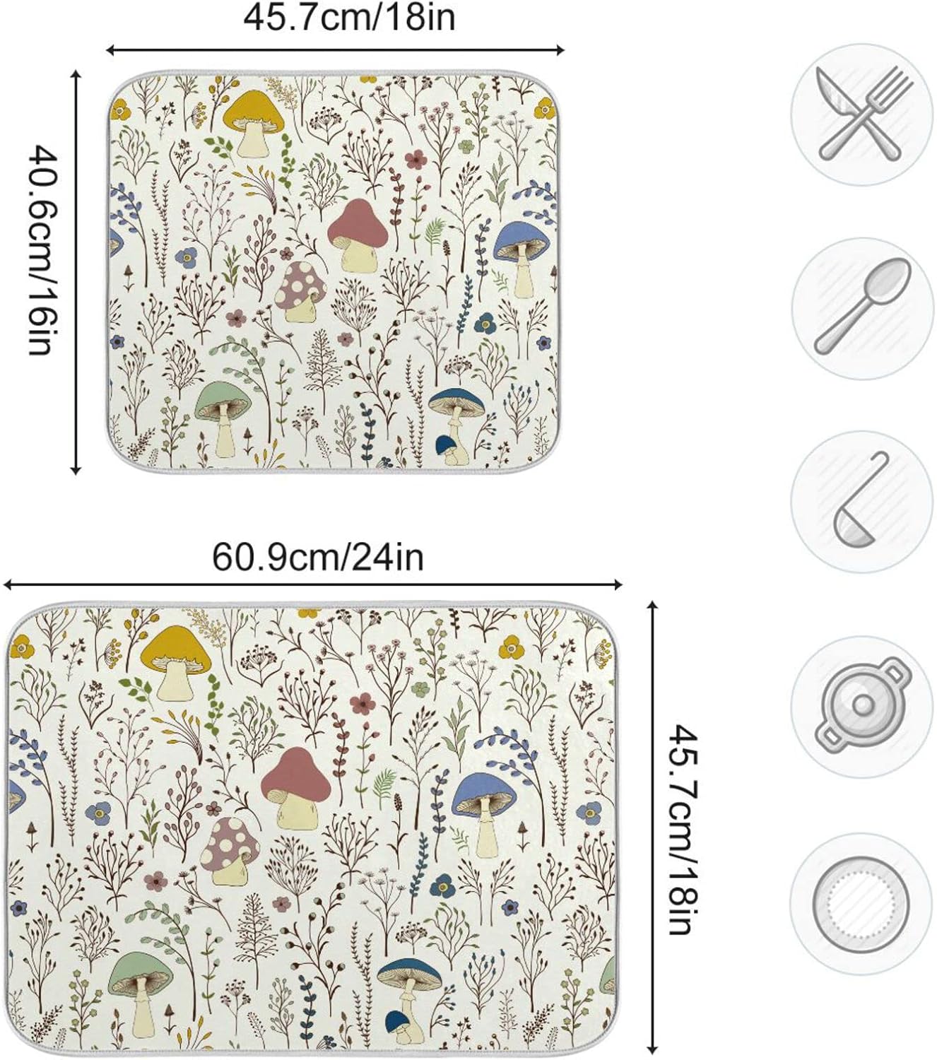 Cute Mushroom Wild Plant Dish Drying Mat for Kitchen Counter Absorbent Microfiber Drying Pad, Large 18x24 in, Reversible Drainer Mats