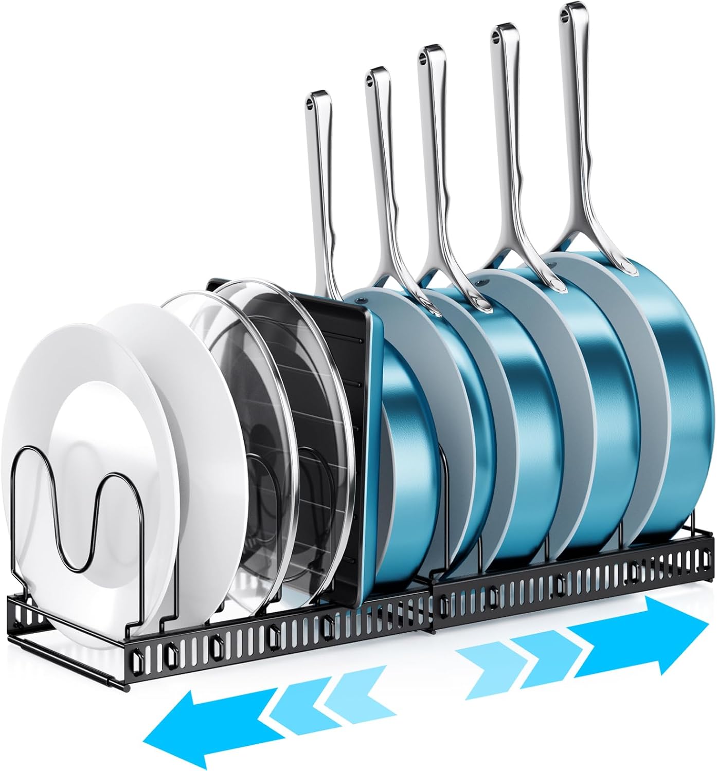 ORDORA Pots and Pans Organizer Under Cabinet, Expandable Cutting Board Pot Lid Organizer for Cabinet Holder with 10 Adjustable Dividers for Kitchen Storage