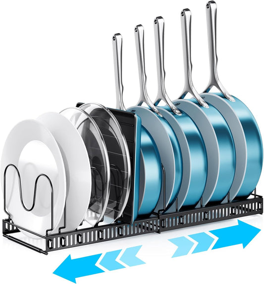 ORDORA Pots and Pans Organizer Under Cabinet, Expandable Cutting Board Pot Lid Organizer for Cabinet Holder with 10 Adjustable Dividers for Kitchen Storage