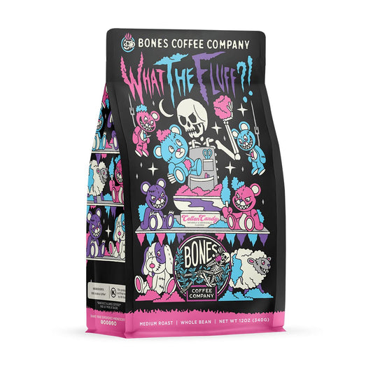 Bones Coffee Company What the Fluff?! Berry Cotton Candy Flavored Coffee, Medium Roast Low Acid Arabica Beans Compatible with Auto drip and French Press Coffee Maker, 12 Oz Whole Bean