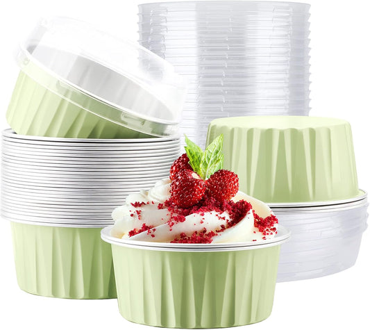 EUSOAR Foil Cupcake Wrappers, 30pcs 5oz Disposable Aluminum Foil Baking Cups Containers with Lids, Dessert Cups with Lids Mini Aluminum Cheesecake Pan Creme Brulee Ramekins-Mustard