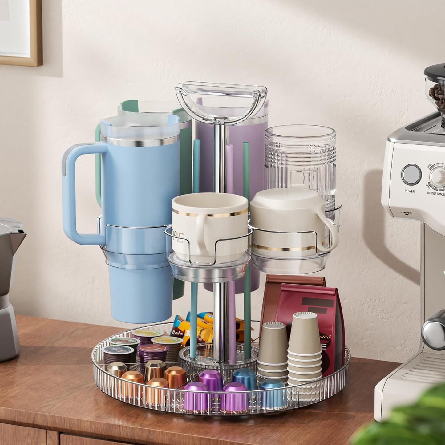 Rotating Stanley Cup Holder, Portable Water Bottle Organizer for 6 Stanley 40 oz & Mug, Adjustable Lazy Susan Organizer for Table Top Cabinet Home Countertop Pantry Shelf Tumbler Lid Organizer