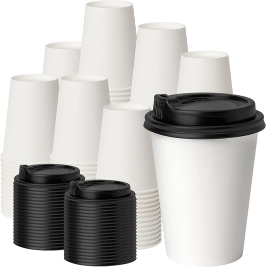 100 Pack 12 oz Disposable Coffee Cups with Lids, Paper Coffee Cups for Hot/Cold Drinks, Leak-Proof To Go Cups for Home, Cafes, Events and Office
