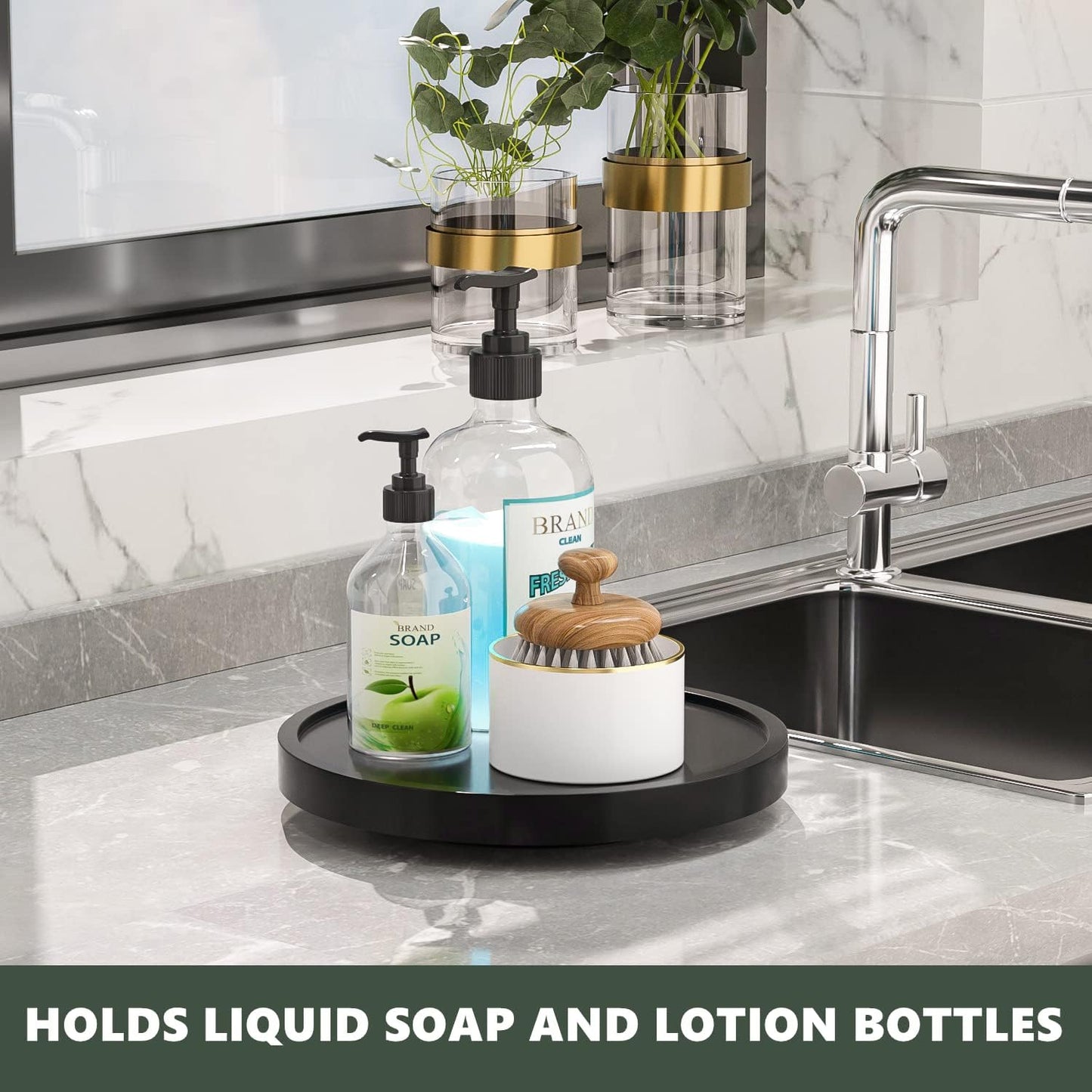 Turntable Vanity Tray 9 Inch for Perfume Candle, Bamboo Kitchen Sink Countertop Organizer for Keep Glass, Sponge and Soap Bathroom Countertop Organizer Black