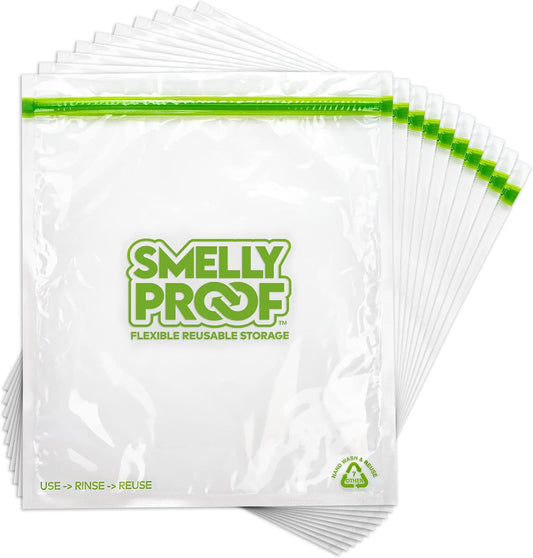 Reusable Storage Bags for Food by Smelly Proof Bags - MADE IN USA, Easy Clean, Dishwasher-Safe, BPA FREE, NO PEVA, XL 3-mil Thick Bags, Extra Large Clear FLAT 10.5" x 12" GALLON 10-Pack