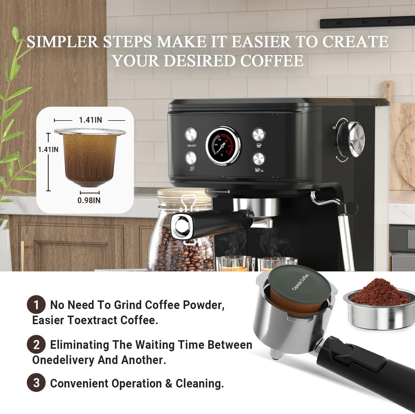 Espresso Machine Latte Coffee Makers 20 Bar, 2 IN 1 Professional Cappuccino Machine and Milk Frother Steam Wand Compatible for NS Original Capsules for Home Brewing - Black
