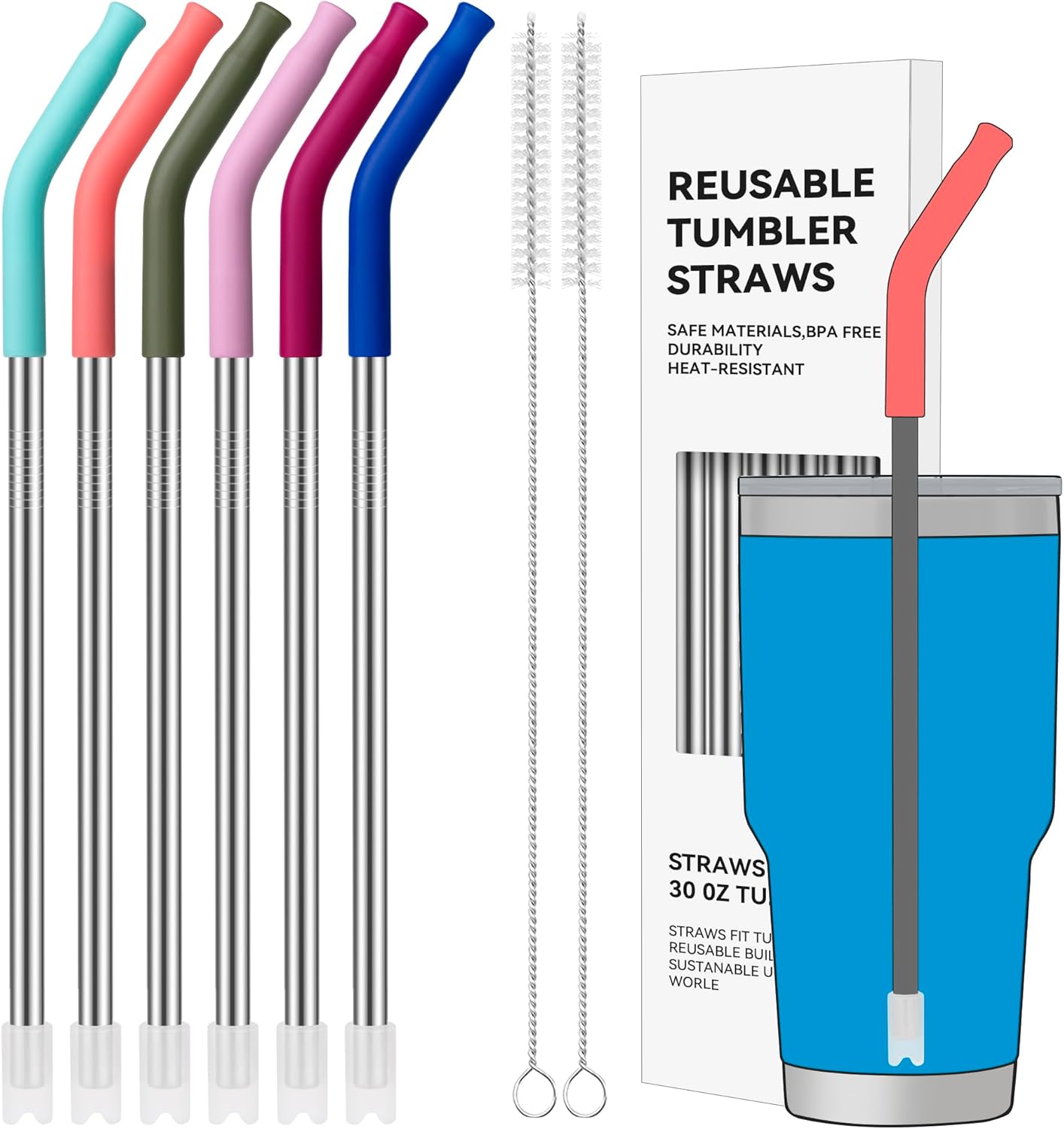 6 Pcs Reusable Metal Straws with Silicone Tip for 30 oz Tumbler, Stainless Steel Long Drinking Straw for YETI, STANLEY, US Acrylio, BJPKPK, Simple Modern and so on