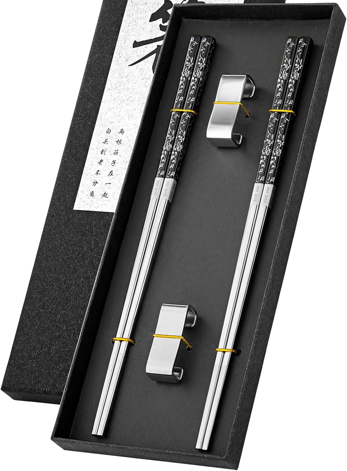 Metal Reusable Chopsticks 2 Pairs Titanium Plated Stainless Steel Chopsticks with Holder, Dishwasher Safe Non-Slip Japanese Style Chop Sticks Present Set (Black Silver)