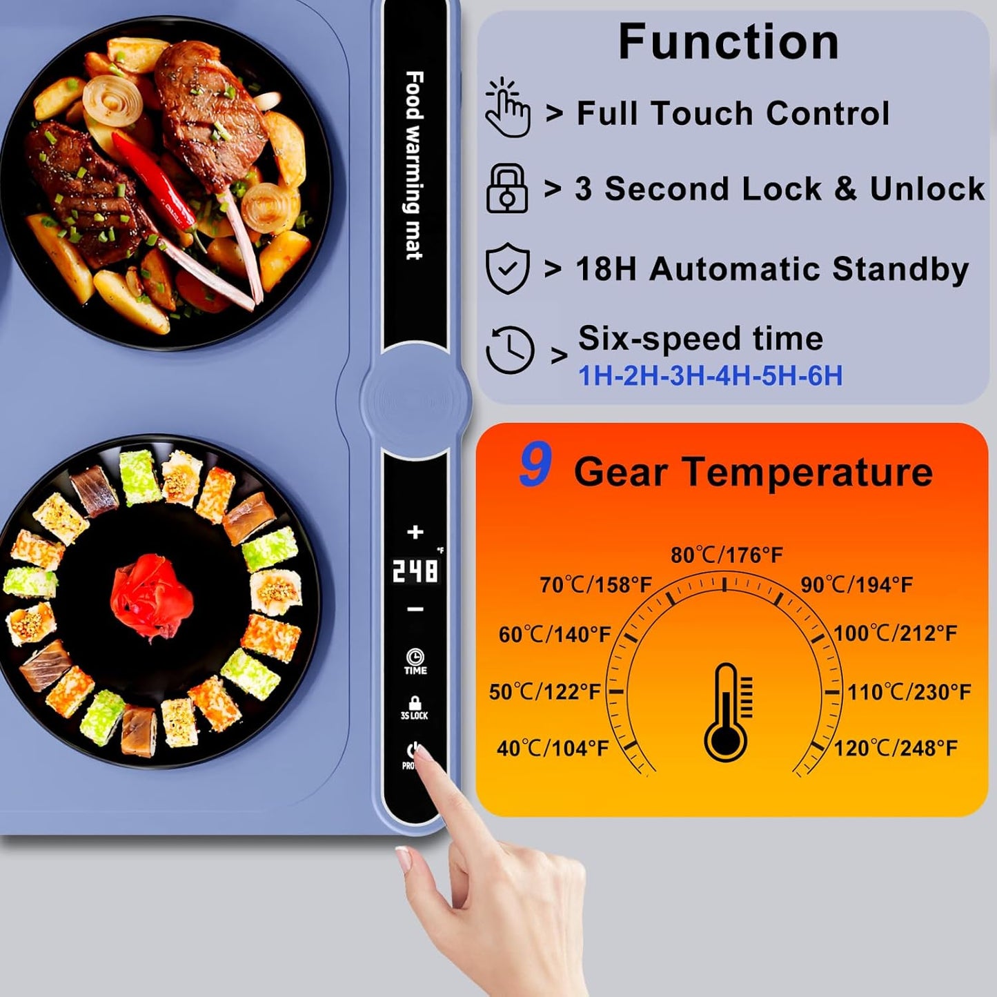 Warming Mat for Food, Rollable Electric Warming Trays for Food with 9 Temperature Settings, Heating Fastly in 10S, Food Warmer Using for Buffets Party and Home Daily, Blue