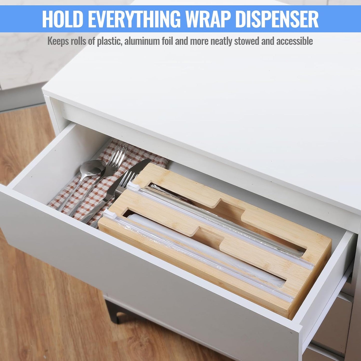 2 in 1 Plastic Wrap Dispenser with Cutter，Bamboo Foil and Plastic Wrap Organizer,Aluminum Foil and Wax Dispenser for Kitchen Drawer Storage Organization
