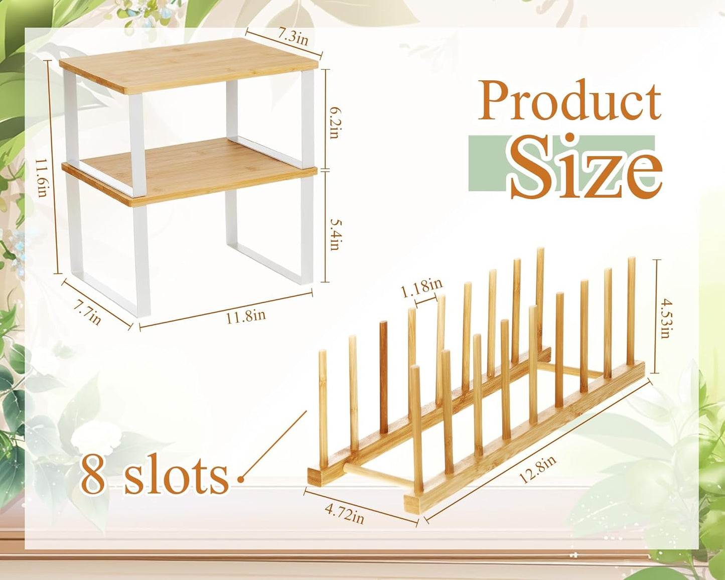 Marsui 4 Pcs Kitchen Organizer Accessories Set Cabinet Organizer Shelf and Bamboo Dish Drying Plate Rack Counter Shelves Storage Holder for Spice Rack, Dish, Pot Lid, Bowl, Cup(Wooden Color)