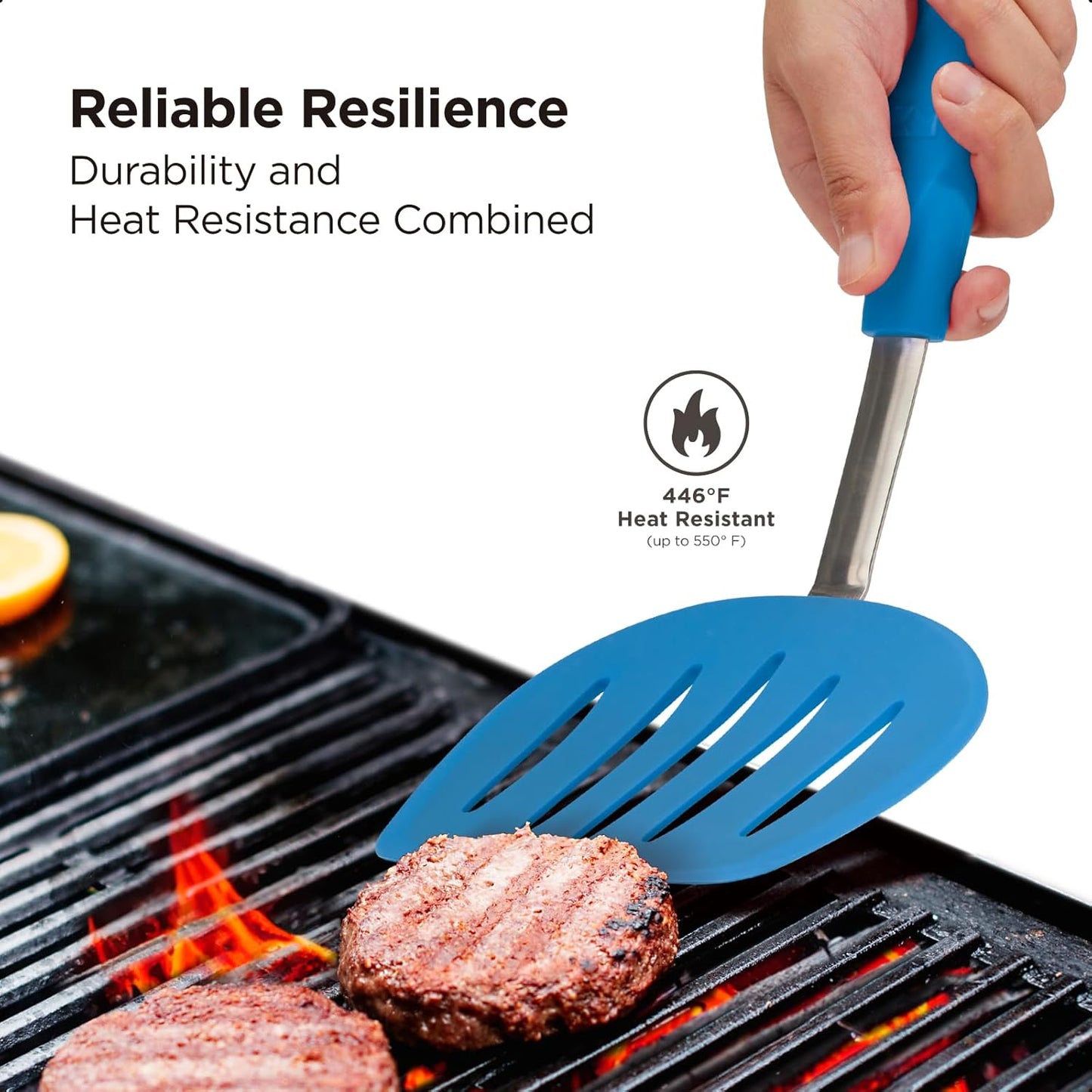 Kitchen Mama WaltzGrip Platinum Silicone Pancake Spatula Turner: Heat Resistant Flexible, Stainless Steel Core, Nonstick, Dishwasher Safe, Flipper – Ideal Kitchen Cookware for Eggs, Fish, Meat (Blue)