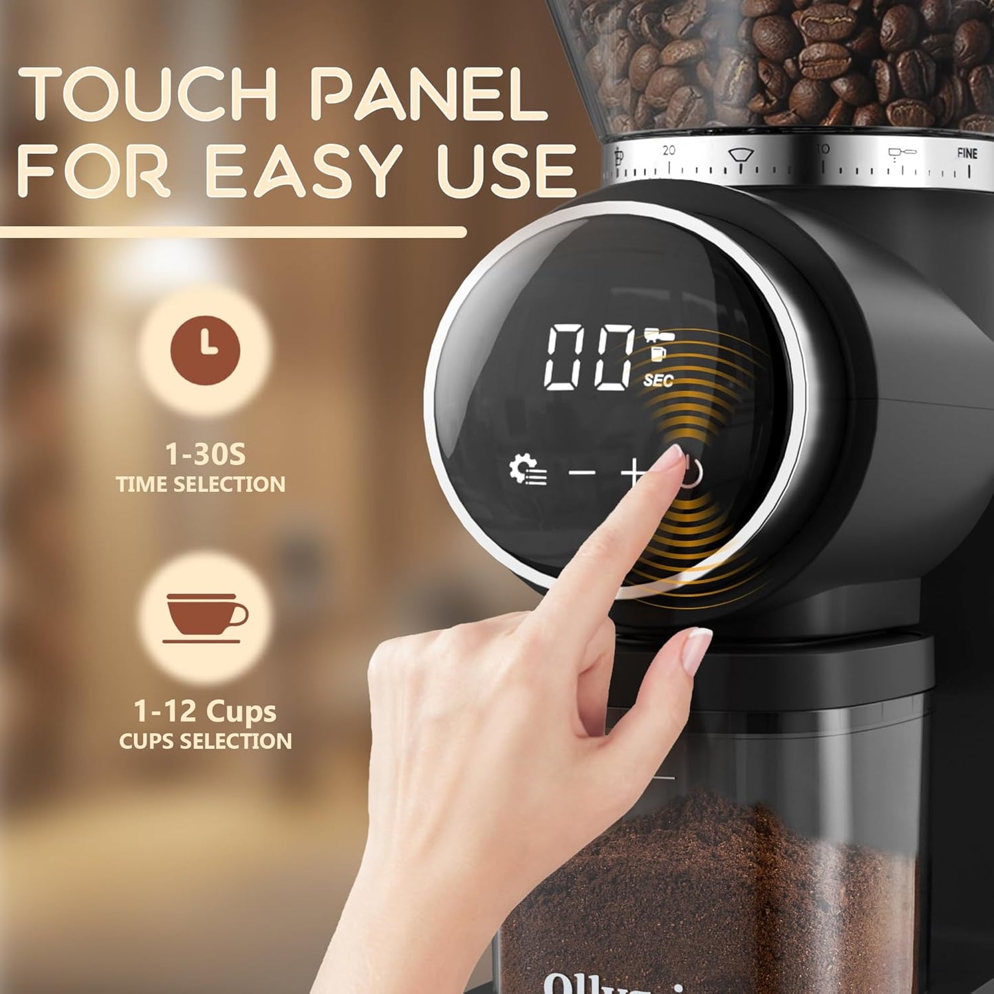 Coffee Grinder Electrical, Conical Burr Coffee Beans Grinder with 30 Grinding Settings, Touchscreen Burr Mill Grinder for Home Use with 2-12 Cups