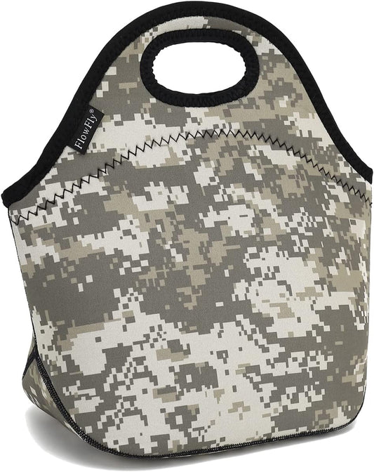 FlowFly Neoprene Lunch Tote Insulated Thermal Reusable Lunch Bag Box for Boys Men with Zipper (Digital Camo)