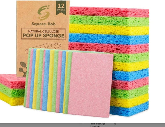 12 PCs Compressed Sponges Kitchen Non-Scratch – Highly Absorbent Kitchen Sponges for Dishes Cleaning, Countertop, Sink, Car –Biodegradable, Quick Drying Cellulose Sponges - Assorted Colors